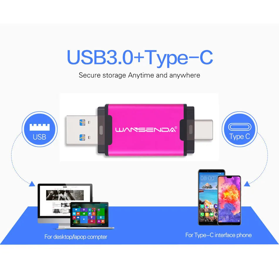 WANSENDA OTG USB Flash Drive 2 in 1 TYPE C & USB 3.0 Pen Drive 512GB 256GB 128GB 64GB 32GB High Speed Pendrive USB Memory Stick