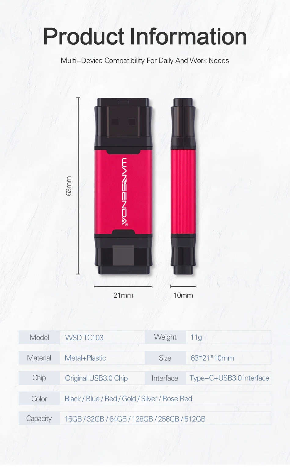 WANSENDA OTG USB Flash Drive 2 in 1 TYPE C & USB 3.0 Pen Drive 512GB 256GB 128GB 64GB 32GB High Speed Pendrive USB Memory Stick