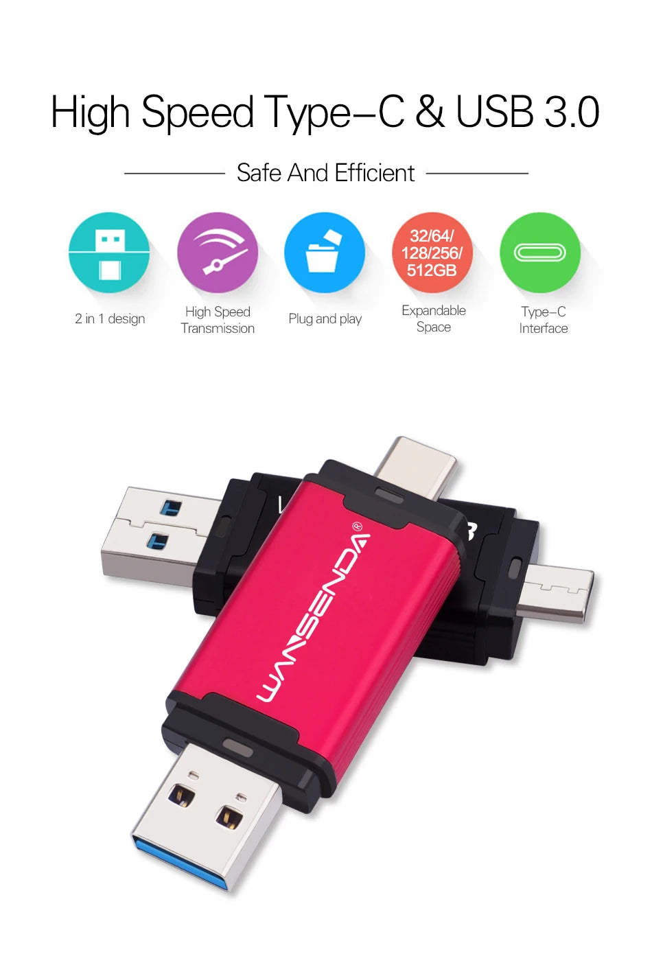 WANSENDA OTG USB Flash Drive 2 in 1 TYPE C & USB 3.0 Pen Drive 512GB 256GB 128GB 64GB 32GB High Speed Pendrive USB Memory Stick