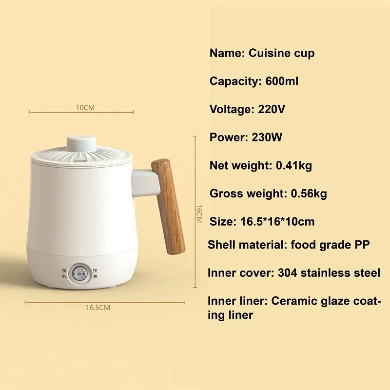 600ml Electric Heating Cup Health Kettle Travel Kettle Mini Non-stick Rice Cooker Portable Noodle Cooker Quick Kettle 220V