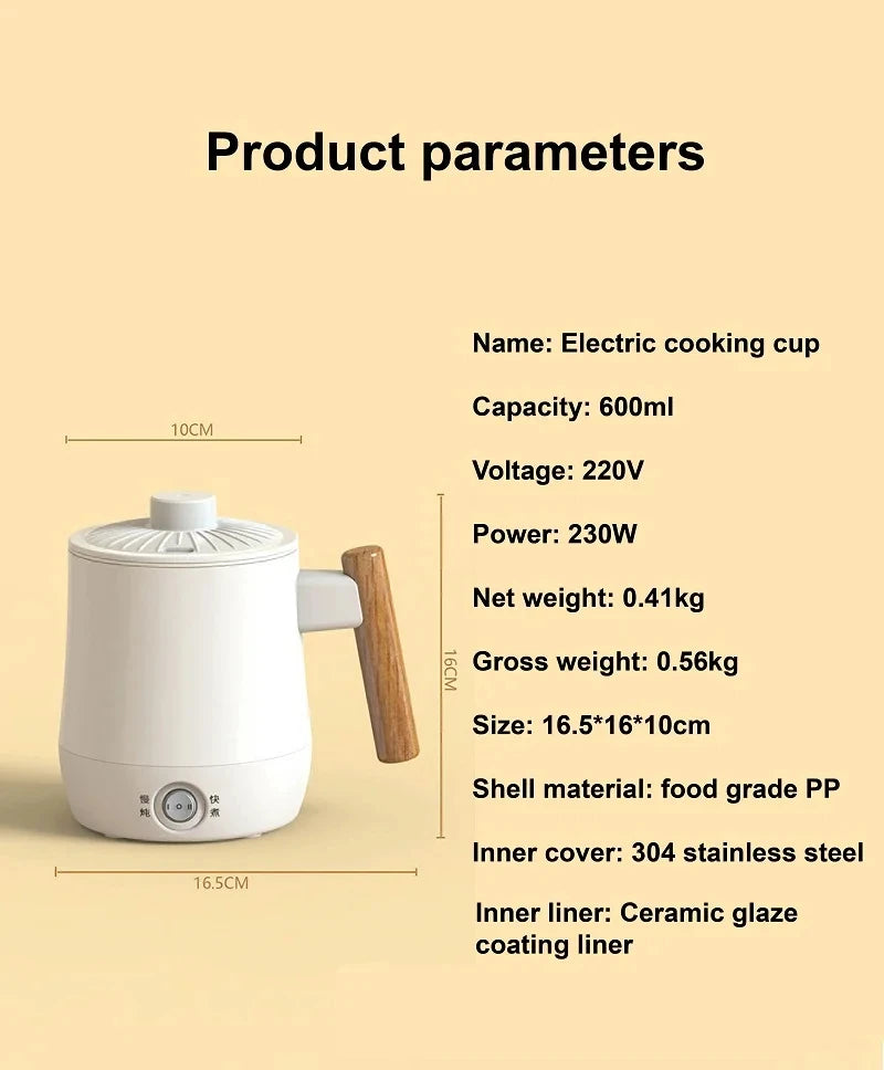 600ml Electric Heating Cup Health Kettle Travel Kettle Mini Non-stick Rice Cooker Portable Noodle Cooker Quick Kettle 220V